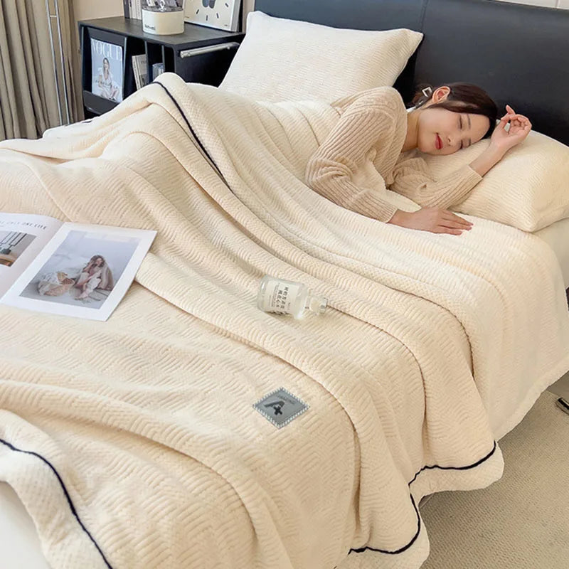 Afralia™ Cozy Jacquard Plush Blanket - Soft Coral Fleece - All-Season - European Solid Stripes