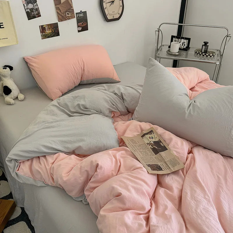 Afralia™ Two-Tone Washed Cotton Bedding Set Soft Duvet Cover for Student Dorm Home