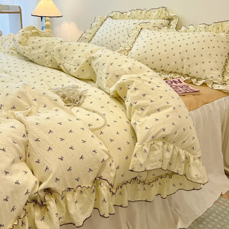 Afralia™ Lace Bedding Set: Printed Design, Single Queen Size, Cozy Quilt Cover, Fitted Sheet, 2 Pillowcases
