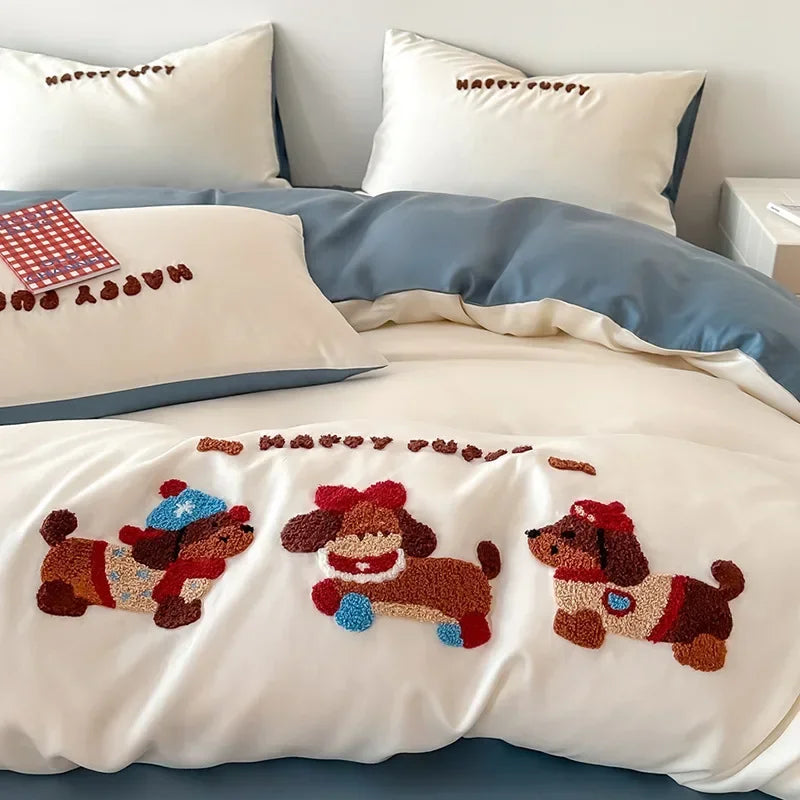 Afralia™ Cartoon Embroidery Cotton Bedding Set - Summer Cool, Skin Friendly Flat Sheet Kit