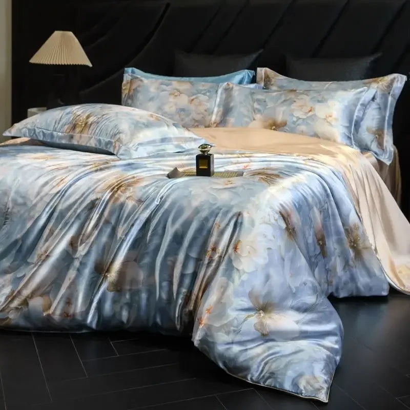 Afralia™ Mulberry Silk Cooling Bedding Set - 3D Printed Satin Fitted Sheet & Quilt Cover