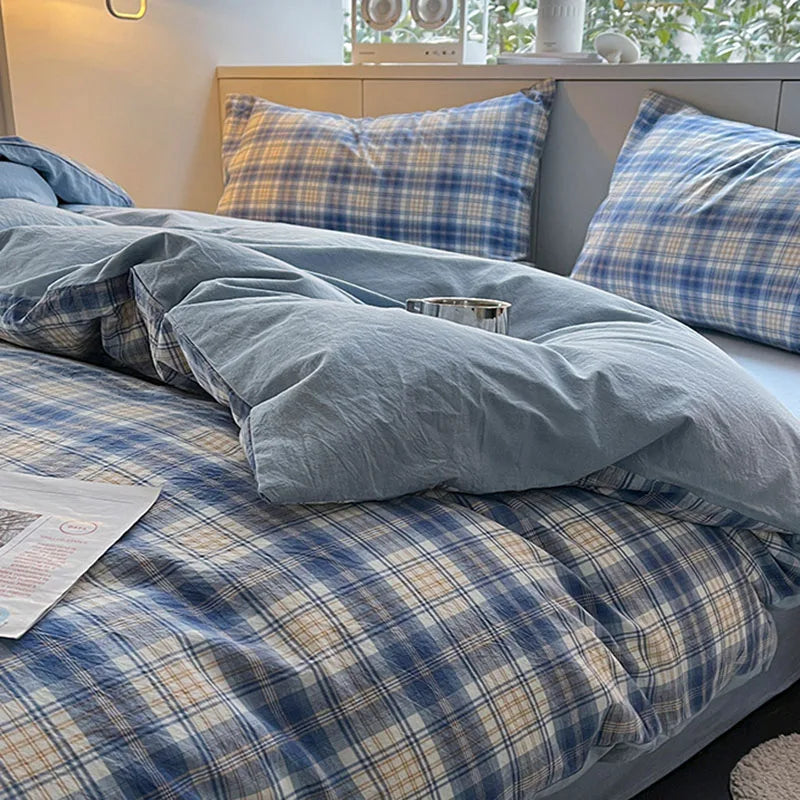 Nordic Grid Print Bedding Set in Wash Cotton Linen for Single Double Bed by Afralia™
