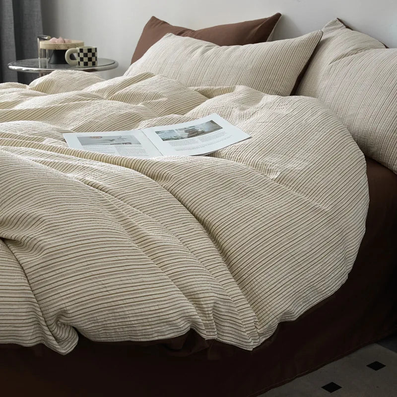 Afralia™ Striped Jacquard Cotton Bedding Set: Duvet, Fitted Sheet, Pillowcase. King Queen Size