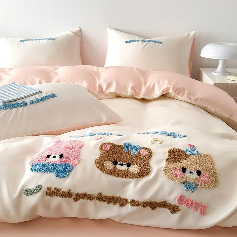 Afralia™ Cartoon Embroidery Cotton Bedding Set - Summer Cool, Skin Friendly Flat Sheet Kit