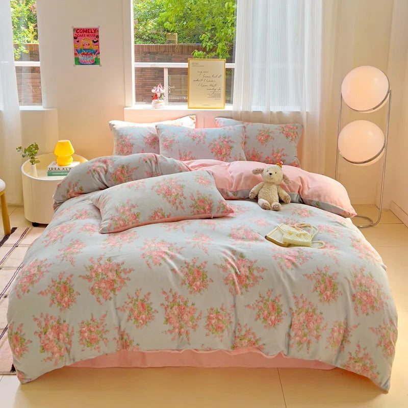 Afralia™ Snowflake Velvet Cute Cartoon Flower Bedding Set for Single Queen
