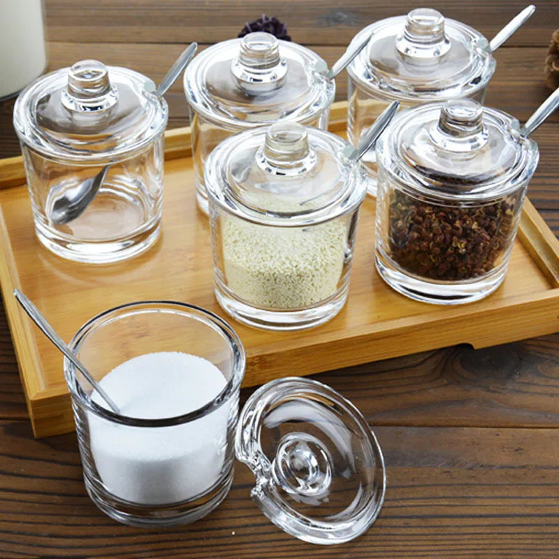 Afralia™ Glass Seasoning Can with Spoon - Spice Jar for Sugar Salt Pepper Powder