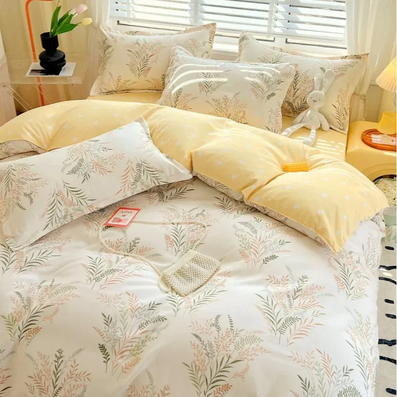 Afralia™ Twill Fabric Bed Sheet Set: Double-Sided Color Blocking, Flower Print Quilt Cover