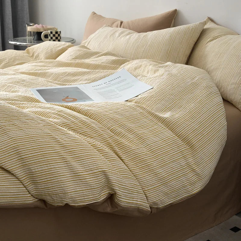 Afralia™ Striped Jacquard Cotton Bedding Set: Duvet, Fitted Sheet, Pillowcase. King Queen Size