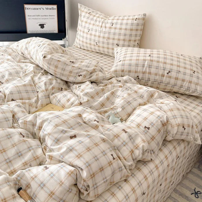 Afralia™ Cotton Grid Bedding Set - Soft & Stylish Bed Sheet, Quilt Cover Kit