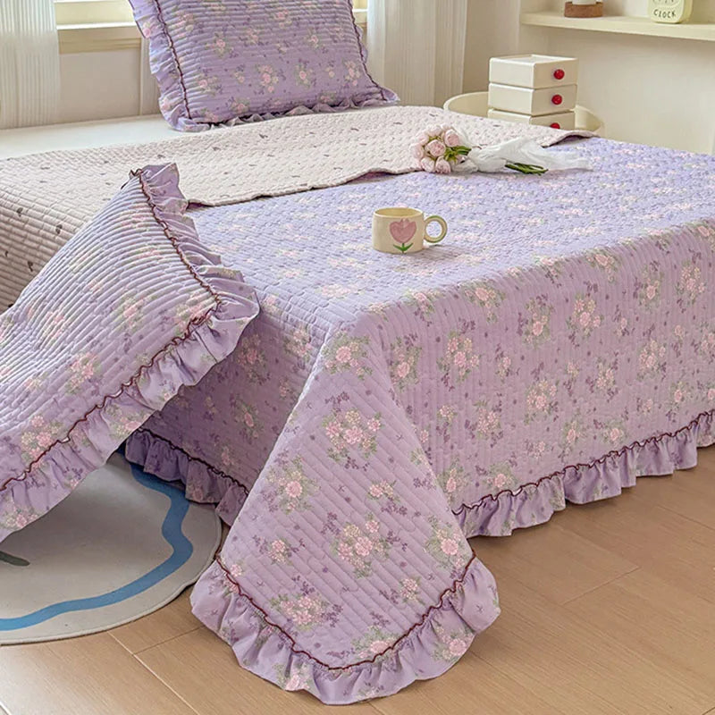 Afralia™ Princess Quilted Bed Cover: Korean Washed Cotton, Single, Lace Detail, Skin-Friendly Fabrics