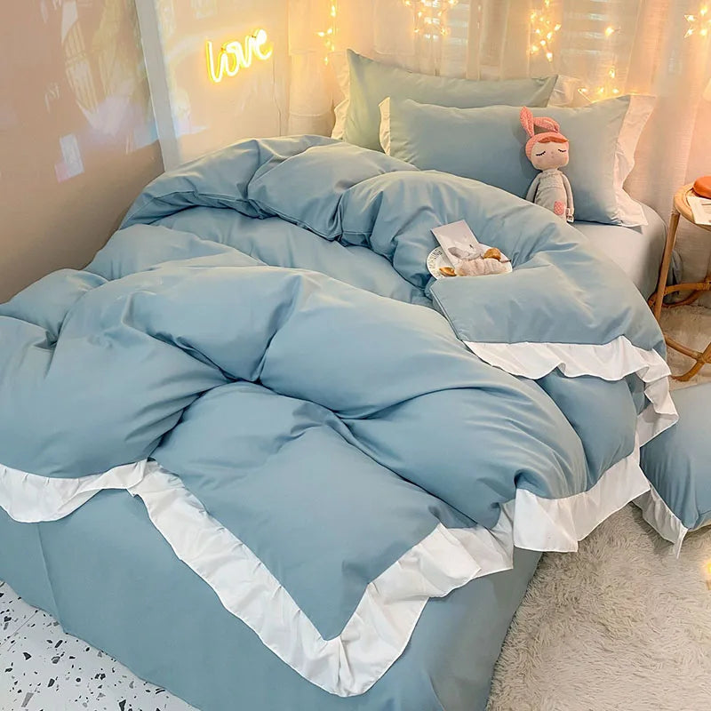 Afralia™ Pure Cotton Ruffle Edge Bedding Set in Solid Color, All Seasons, Single Queen Bed
