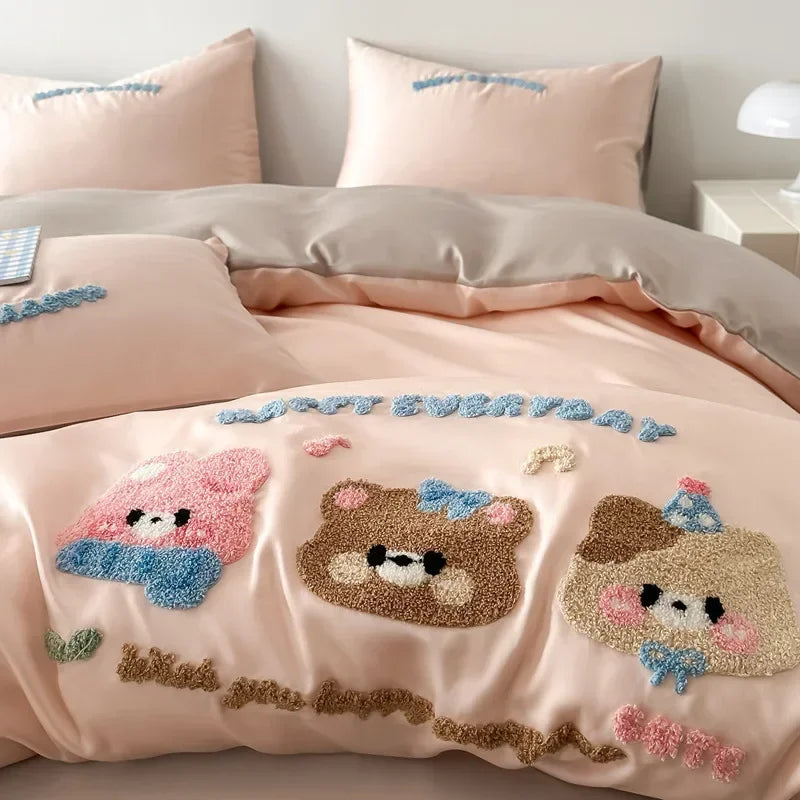 Afralia™ Cartoon Embroidery Cotton Bedding Set - Summer Cool, Skin Friendly Flat Sheet Kit