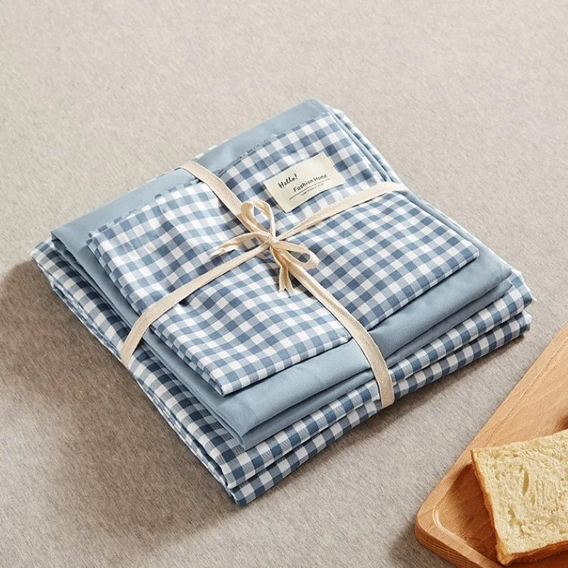Afralia™ Japanese Grid Printed Cotton Bedding Set in Queen/King for Cozy Sleep