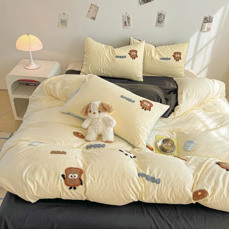 Afralia™ Cartoon Embroidery Jacquard Comforter Sets | Washed Cotton | Soft Skin-Friendly Bed Linen