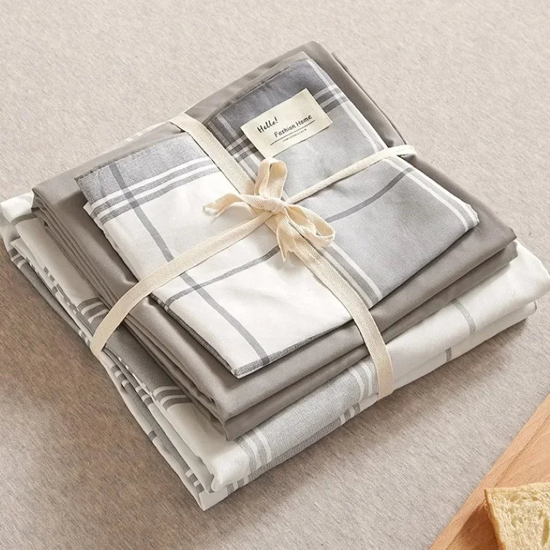 Afralia™ Japanese Grid Print Bed Set in Washed Cotton for Summer Comfort