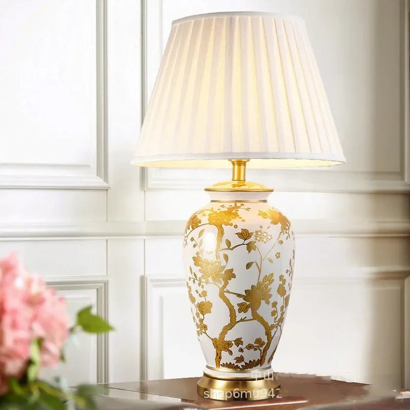 Afralia™ Copper Base Ceramic Table Lamp with Fabric Lampshade