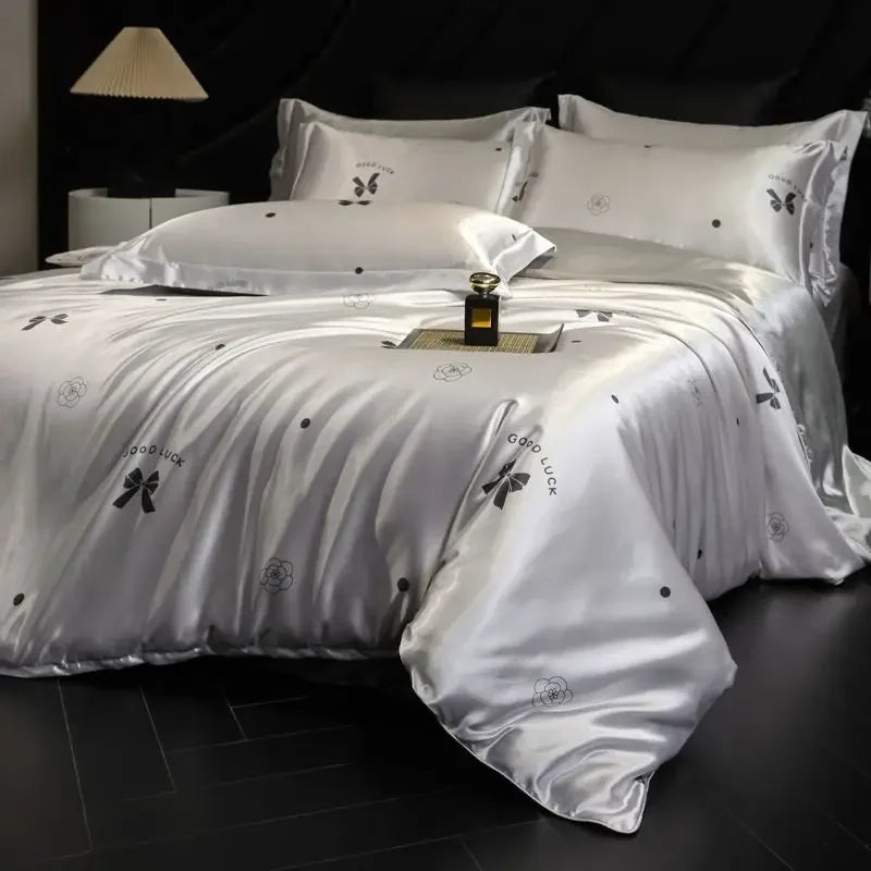 Afralia™ Mulberry Silk Cooling Bedding Set - 3D Printed Satin Fitted Sheet & Quilt Cover