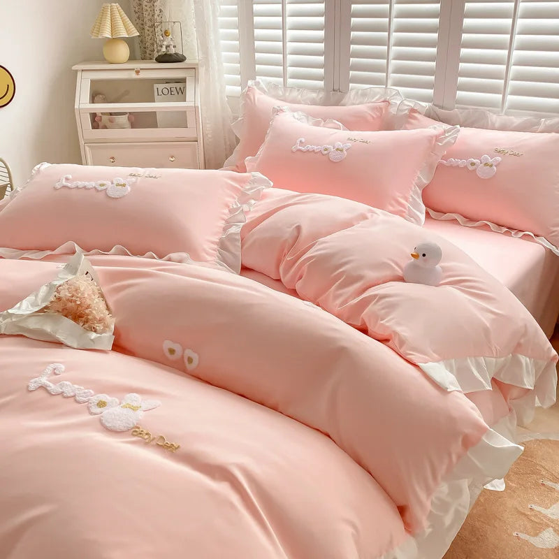Afralia™ Cartoon Embroidery 100% Cotton Bedding Set King Queen Bedclothes