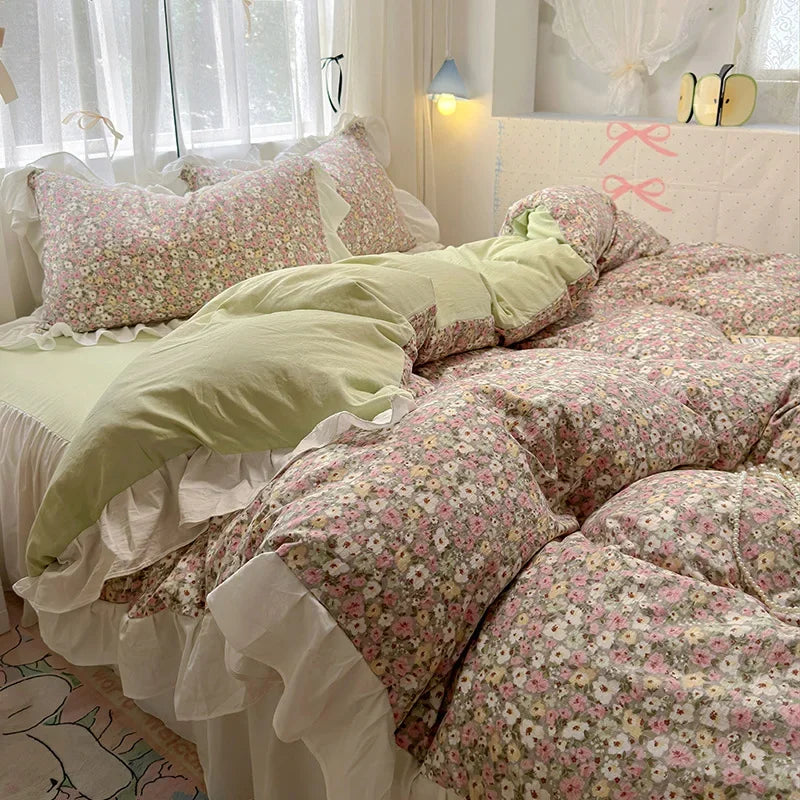 Afralia™ French Washed Cotton Princess Flower Quilt Cover Set - Spring Floral Bedding