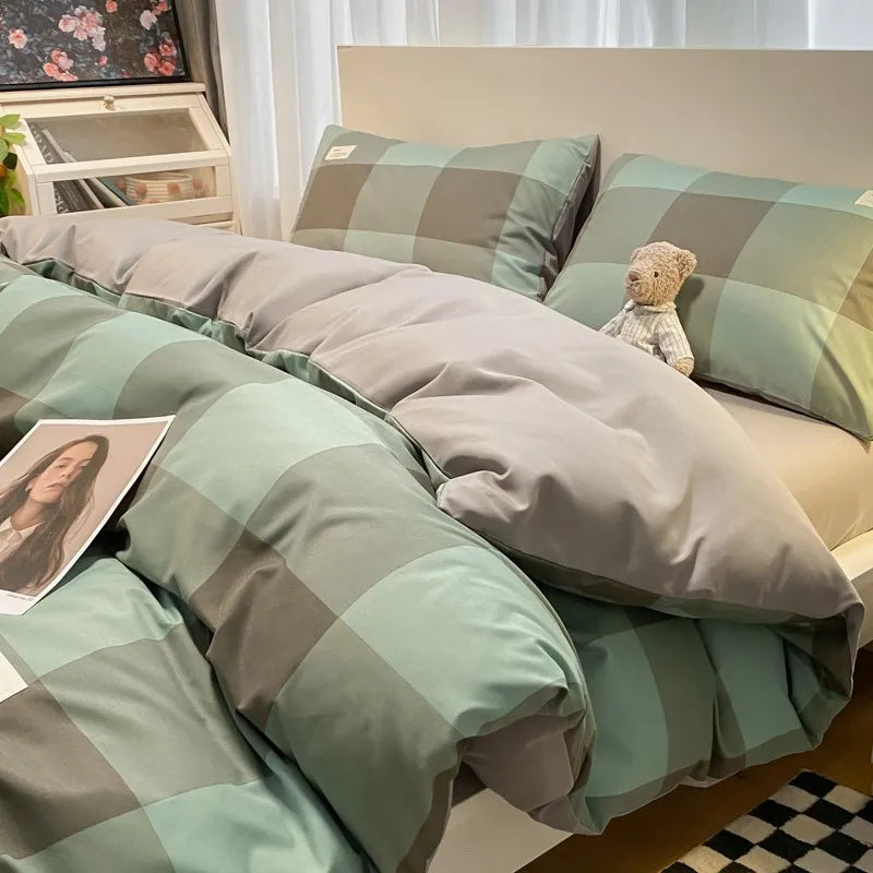 Afralia™ Japanese Grid Printed Cotton Bedding Set in Queen/King for Cozy Sleep