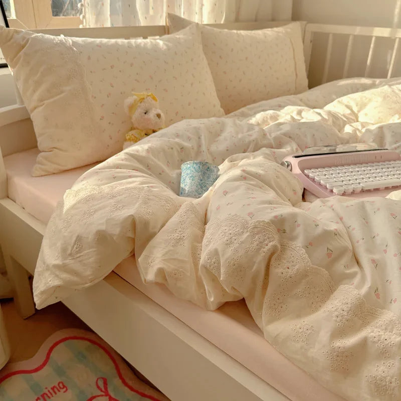 Afralia™ Lace Duvet Cover Bedding Set 4Pcs French Washed Cotton for Single Double Bed