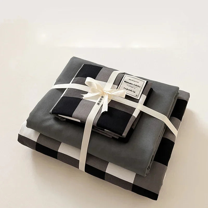Afralia™ Japanese Grid Print Bed Set in Washed Cotton for Summer Comfort