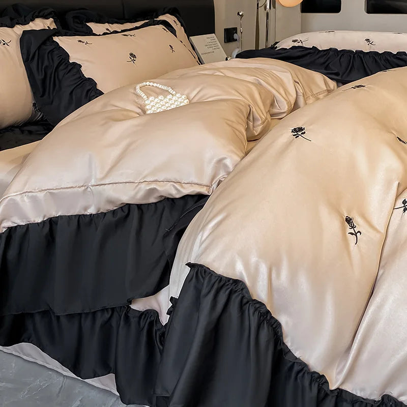 Afralia™ Ice Silk Embroidery Bedding Sets: Luxury Rayon Duvet Set with Lace, Soft & Cozy