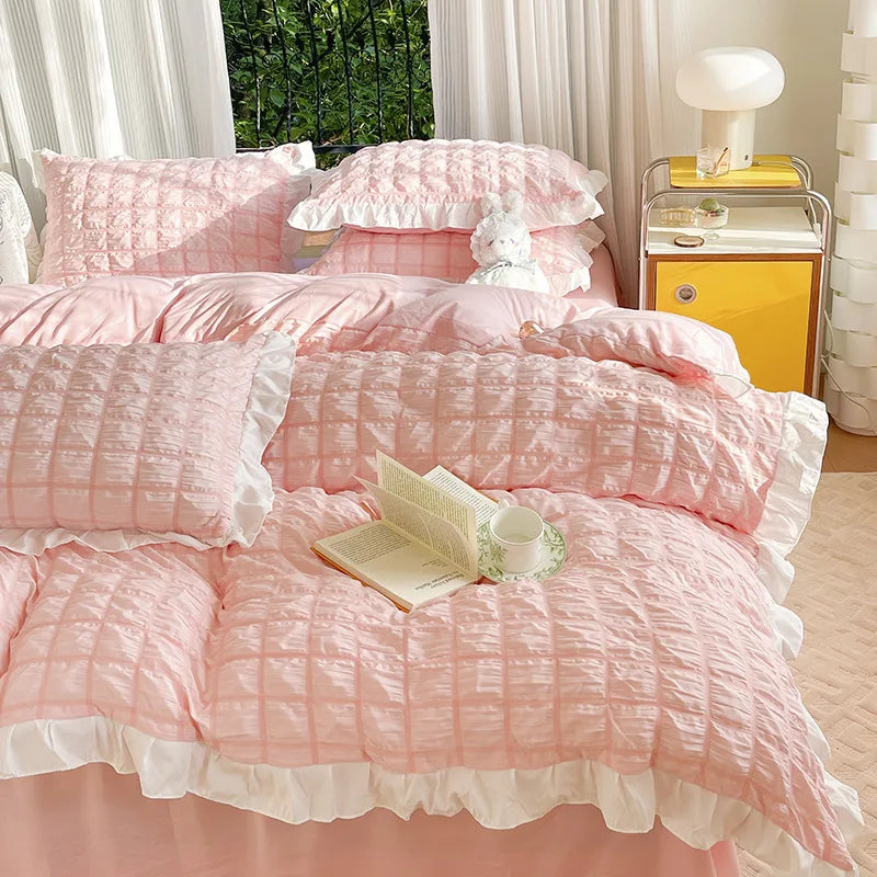 Afralia™ Bubble Cotton Lace Bedding Set: Super Soft, Cooling, Breathable, Solid Color, Summer Comfort.