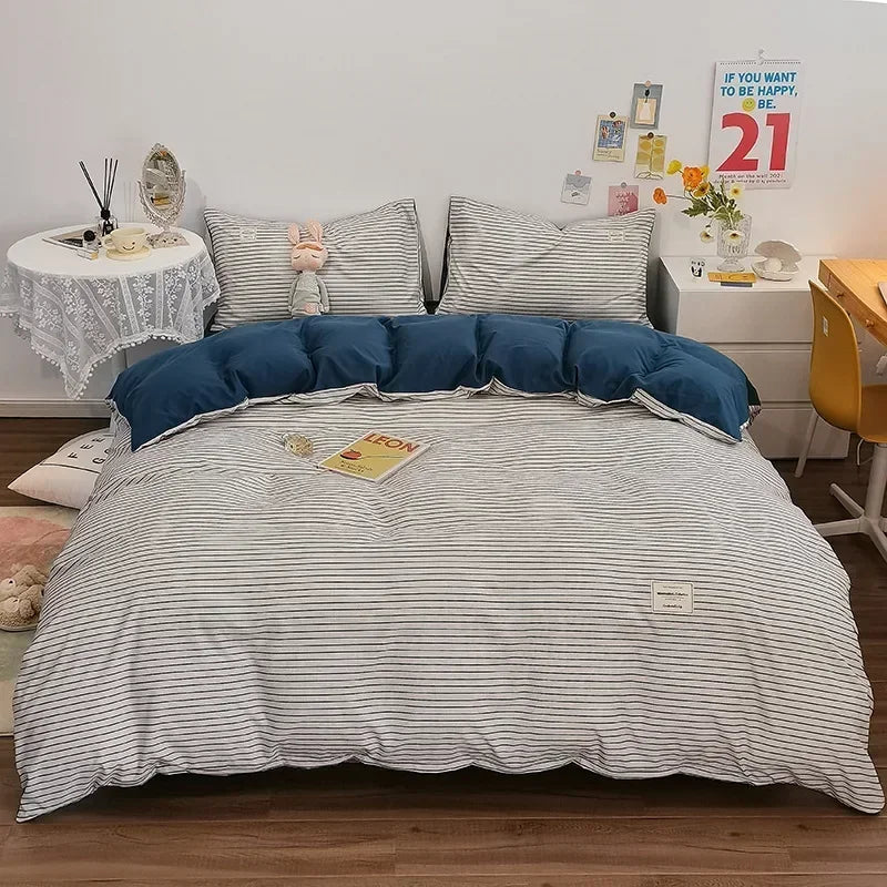 Afralia™ Japanese Grid Print Bedding Set for All Seasons, Queen/King Size Quilt Cover