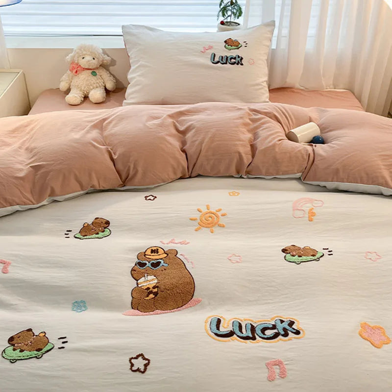 Afralia™ Cartoon Embroidered Cotton Bedding Set for King/Queen Beds