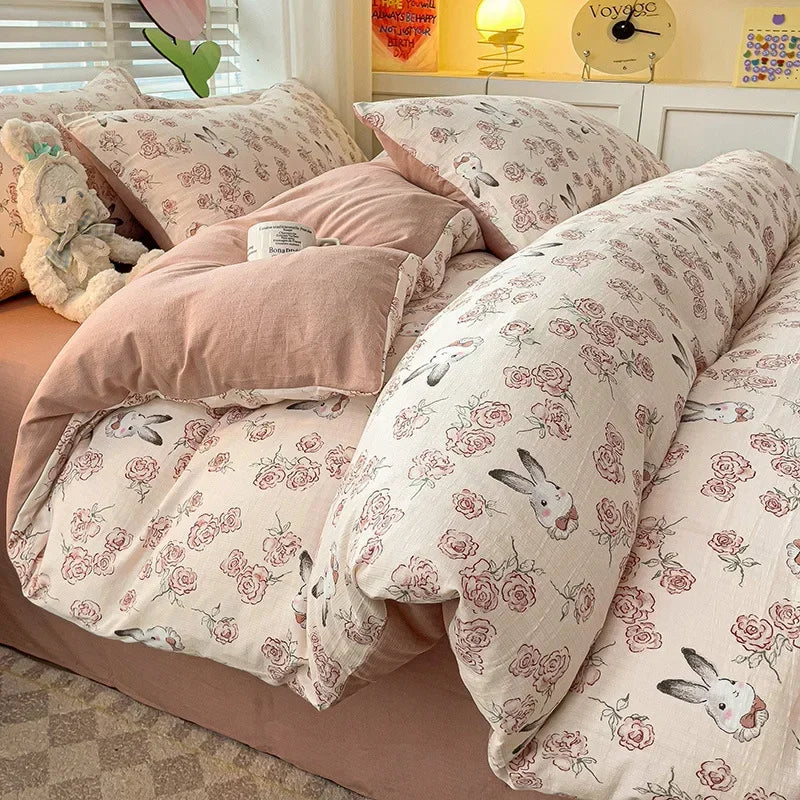 Afralia™ Floral Printed Cotton Bed Set: Cute, Soft, Comfortable 4-Piece Duvet Cover & Sheet