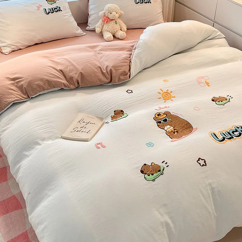 Afralia™ Cartoon Pattern Embroidered Bedding Sets: Cozy, Soft, and Breathable for Kids and Adults