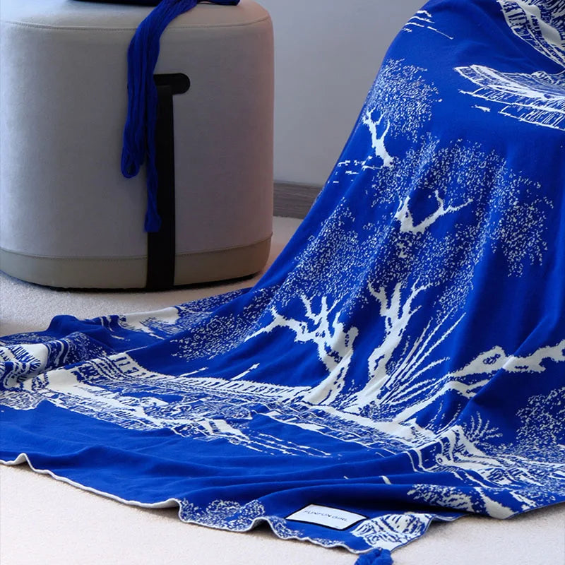 Afralia™ Blue Knitted Sofa Blanket for All Seasons at Home