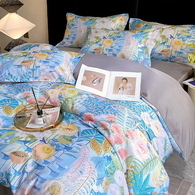 Afralia™ Summer Ice Silk Printed Bedding Set with Lace - Cooling Quilt, Duvet Cover, Pillowcases & Bed Sheet