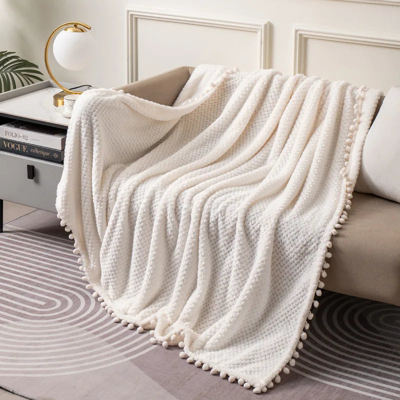 Afralia™ Plaid Tassel Ball Fleece Blanket - Queen Double Bedspread, Four Season Sofa Cover