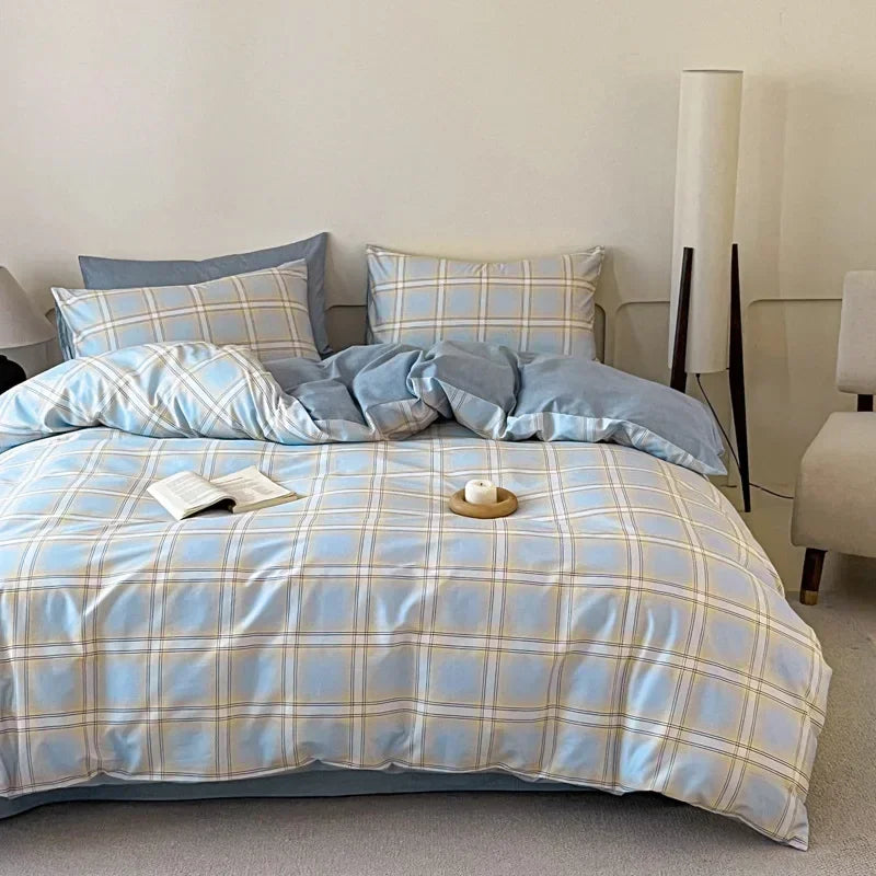 Afralia™ Soft Cotton Grid Printed Bedding Set for Single/Double Bed