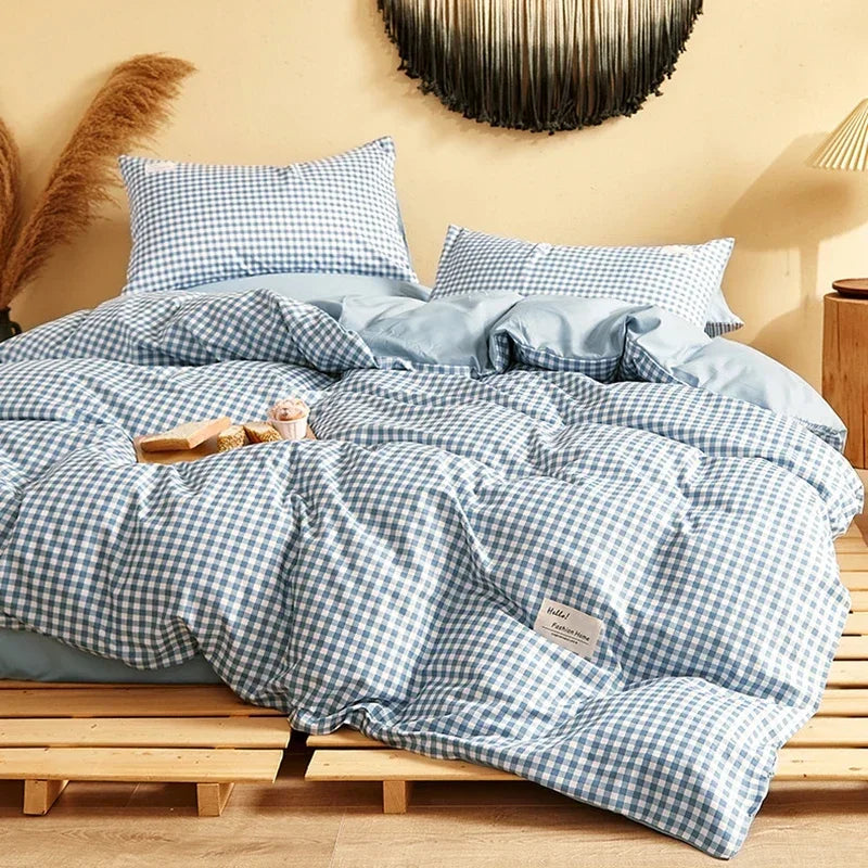 Afralia™ Japanese Grid Print Bed Set in Washed Cotton for Summer Comfort