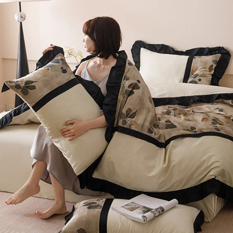 Afralia™ Ice Rayon Summer Bedding Set with Lace - Silky & Cozy Single/Double Bed Set