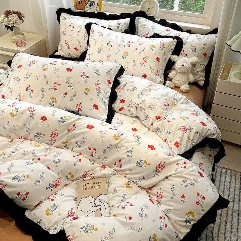 Afralia™ Korean Black White Hepburn Style Bedding Set with Lace Fitted Sheet Set