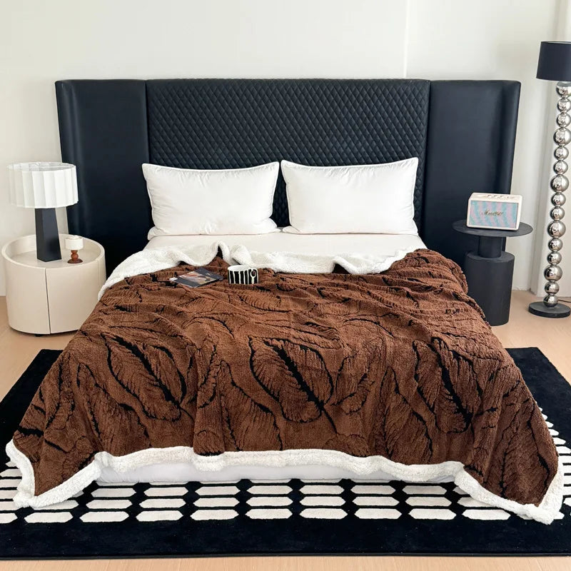 Afralia™ Leaf Jacquard Double-Layer Flannel Blanket for Sofa and Bed