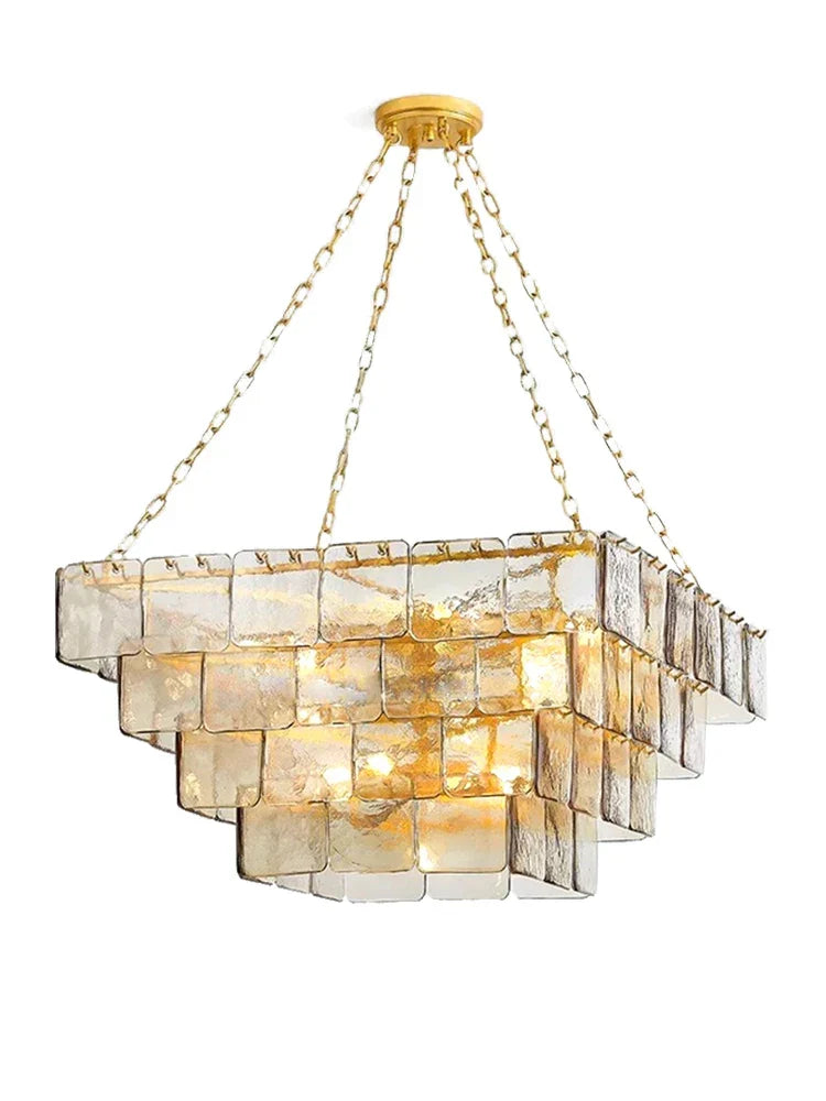 Afralia™ Gold Glass Square Chandelier - Light luxury Living Room Ceiling Fixture
