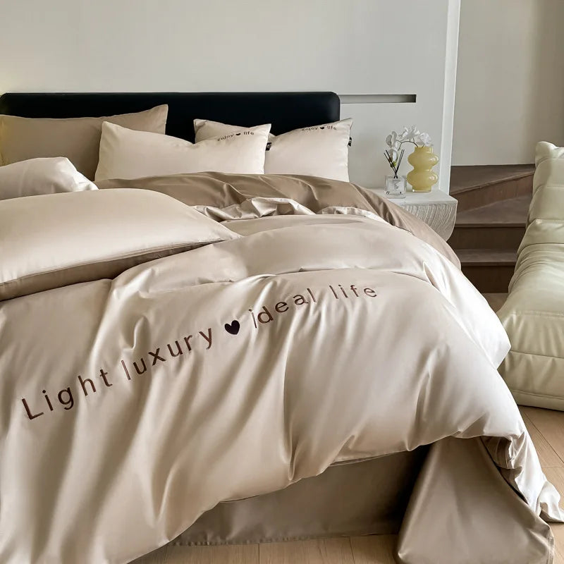 Afralia™ 120S Long Staple Cotton Satin Embroidery Bedding Set - Solid Color Twin Full Double Comforter