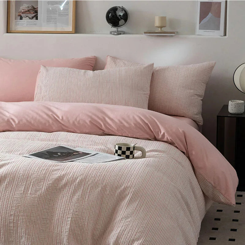 Afralia™ Striped Jacquard Cotton Bedding Set: Duvet, Fitted Sheet, Pillowcase. King Queen Size