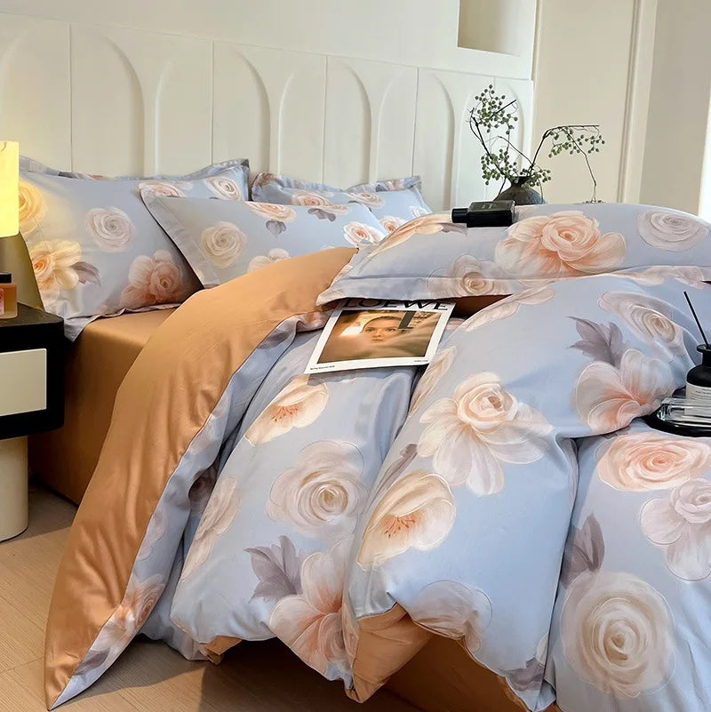 Afralia™ Satin Flower Fitted Sheet Set - Luxury 100% Cotton Print Bedding Set