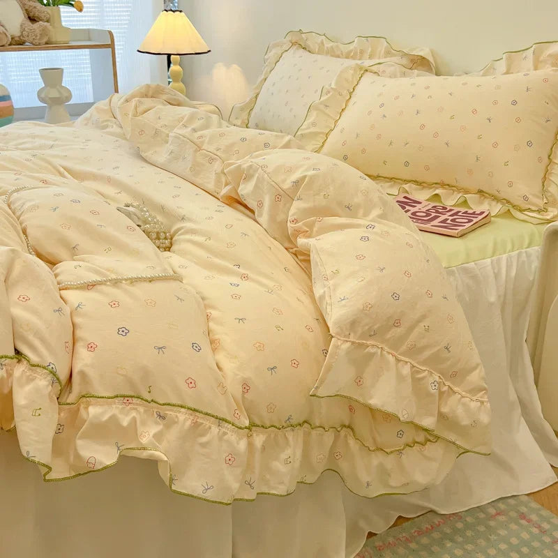 Afralia™ Lace Bedding Set: Printed Design, Single Queen Size, Cozy Quilt Cover, Fitted Sheet, 2 Pillowcases