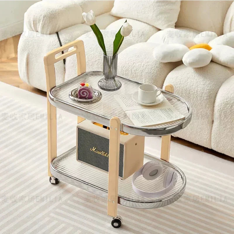 Afralia™ Nordic Wood End Table Tea Table, Movable Trolley, Glass Top, Multifunctional Storage Rack.