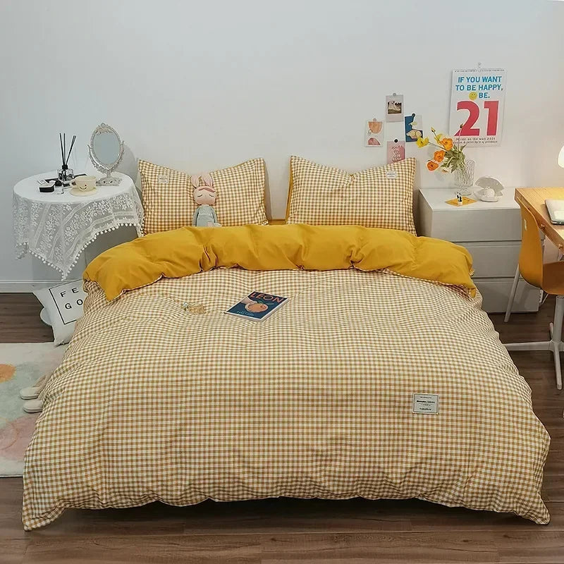 Afralia™ Japanese Grid Print Bedding Set for All Seasons, Queen/King Size Quilt Cover