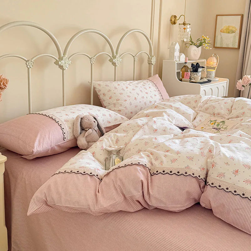 Afralia™ Floral Embroidery Lace Bedding Set Full Double Size Skin Friendly Cotton