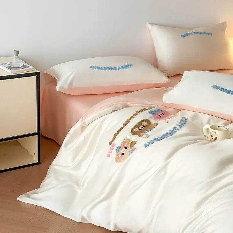 Afralia™ Cartoon Embroidery Cotton Bedding Set - Summer Cool, Skin Friendly Flat Sheet Kit