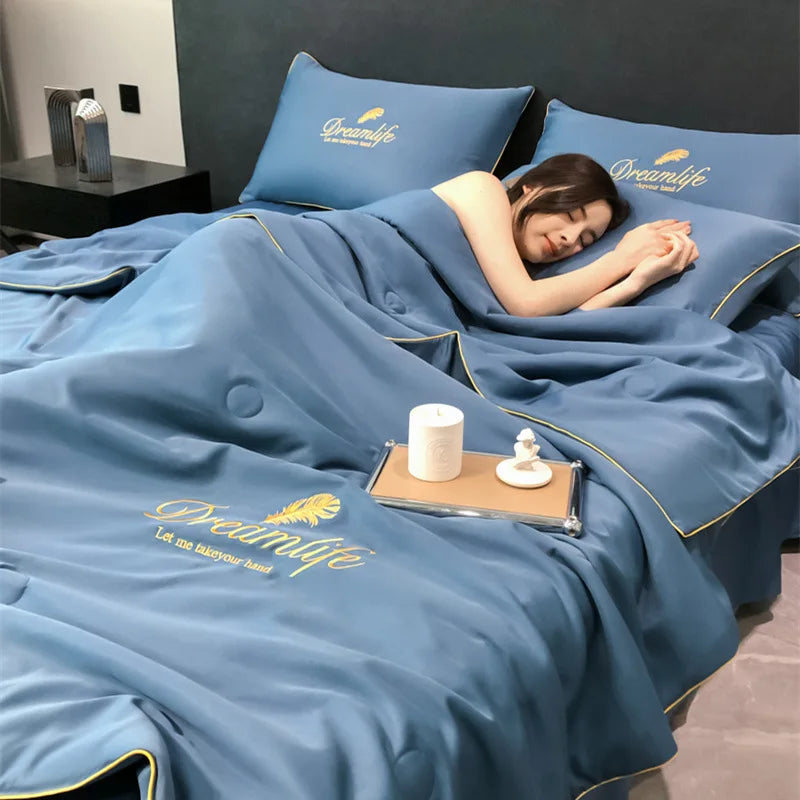 Afralia™ Silky Embroidery Cooling Quilt Set for Cozy Single Double Bed Comfort.